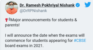 केंद्रीय शिक्षा मंत्री रमेश पोखरियाल निशंक ने यह ट्वीट किया है